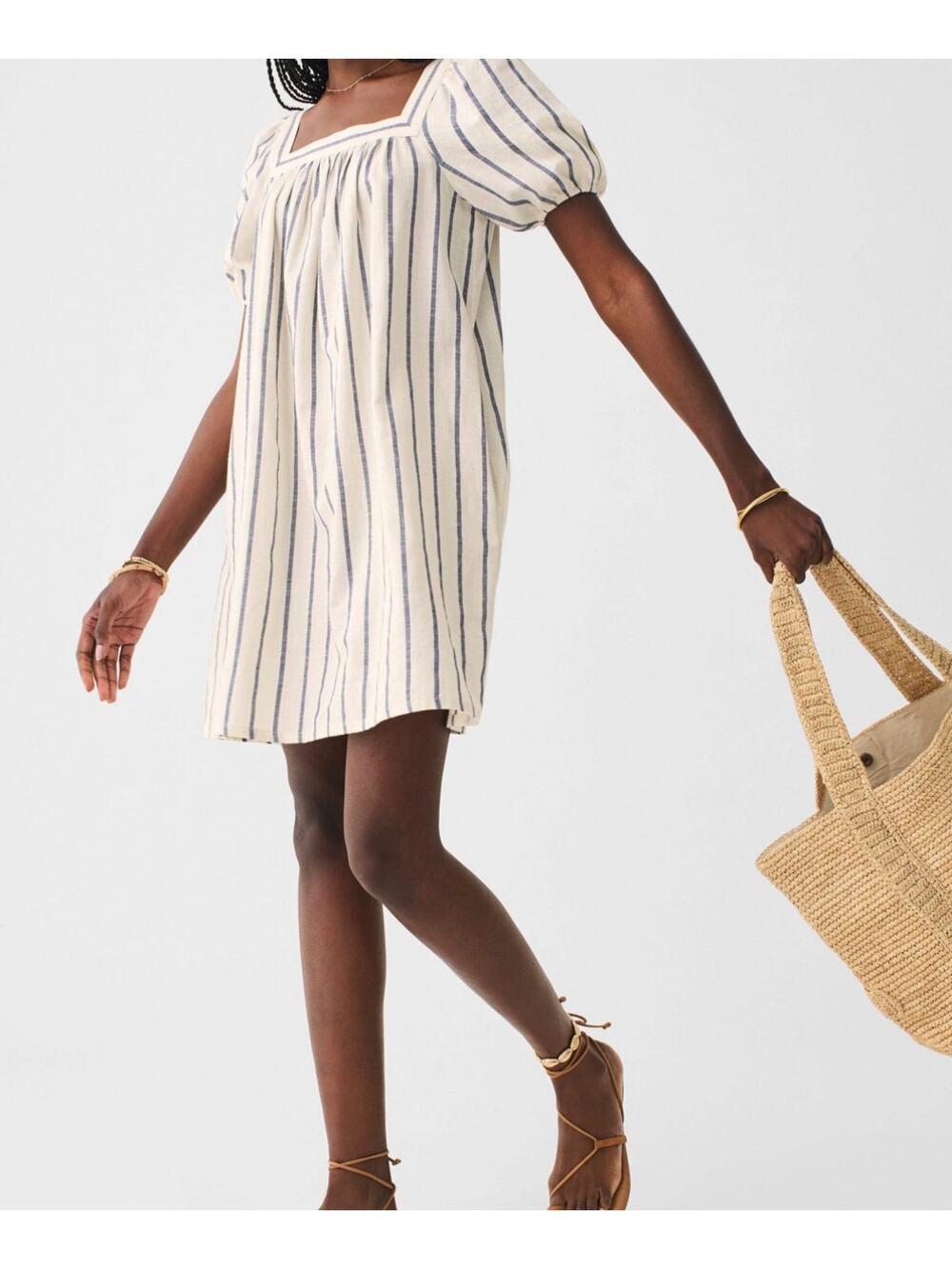 Faherty Phoenix Dress Sz M Navy Elroy Stripe Cotton Square Neck Babydoll Pockets